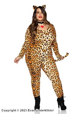 Kostyme-catsuit, lange ermer, hjerte, hale, leopard, plus size